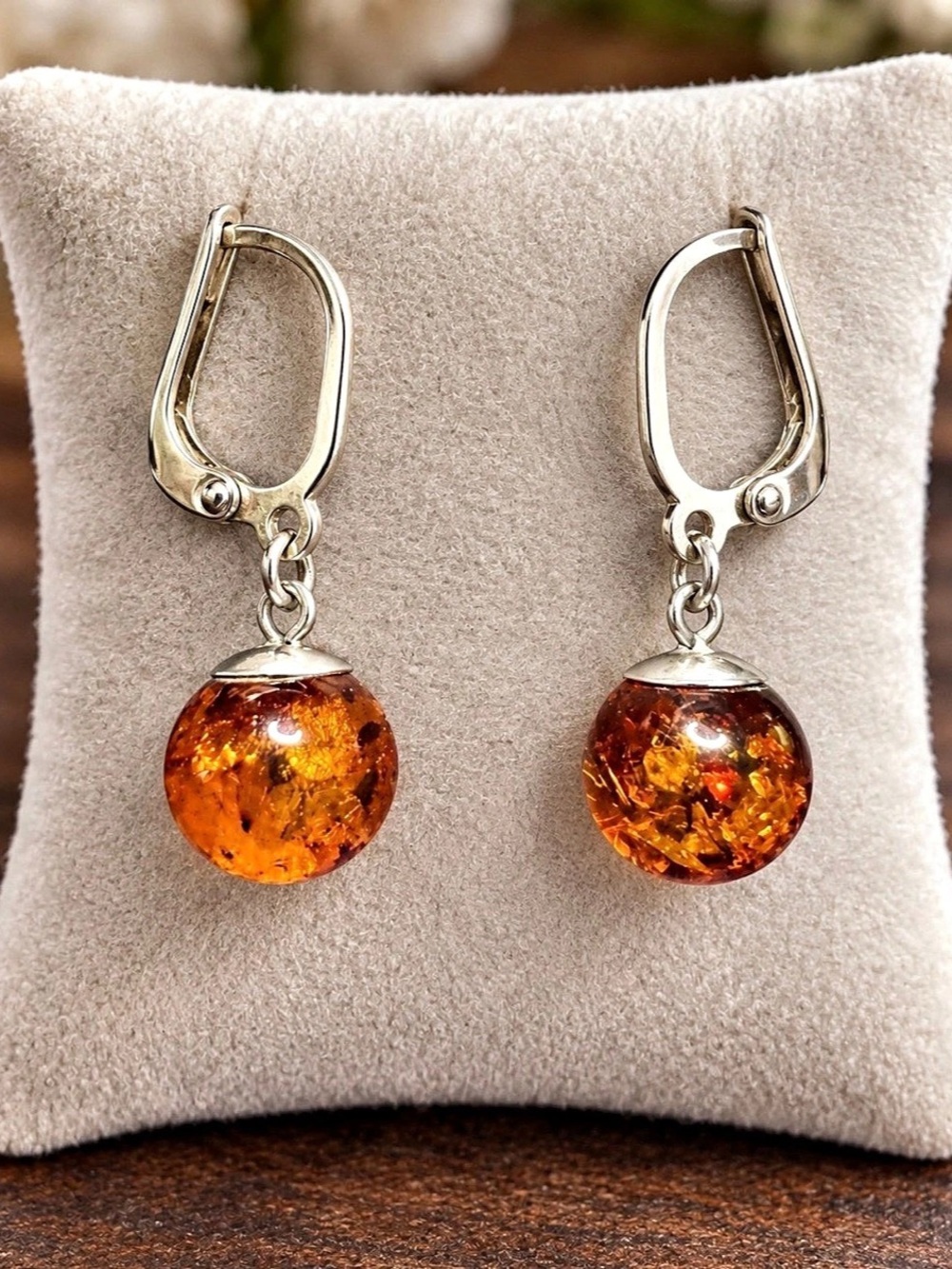 Earrings Genuine Amber Drop Ball 925 Sterling Silver
